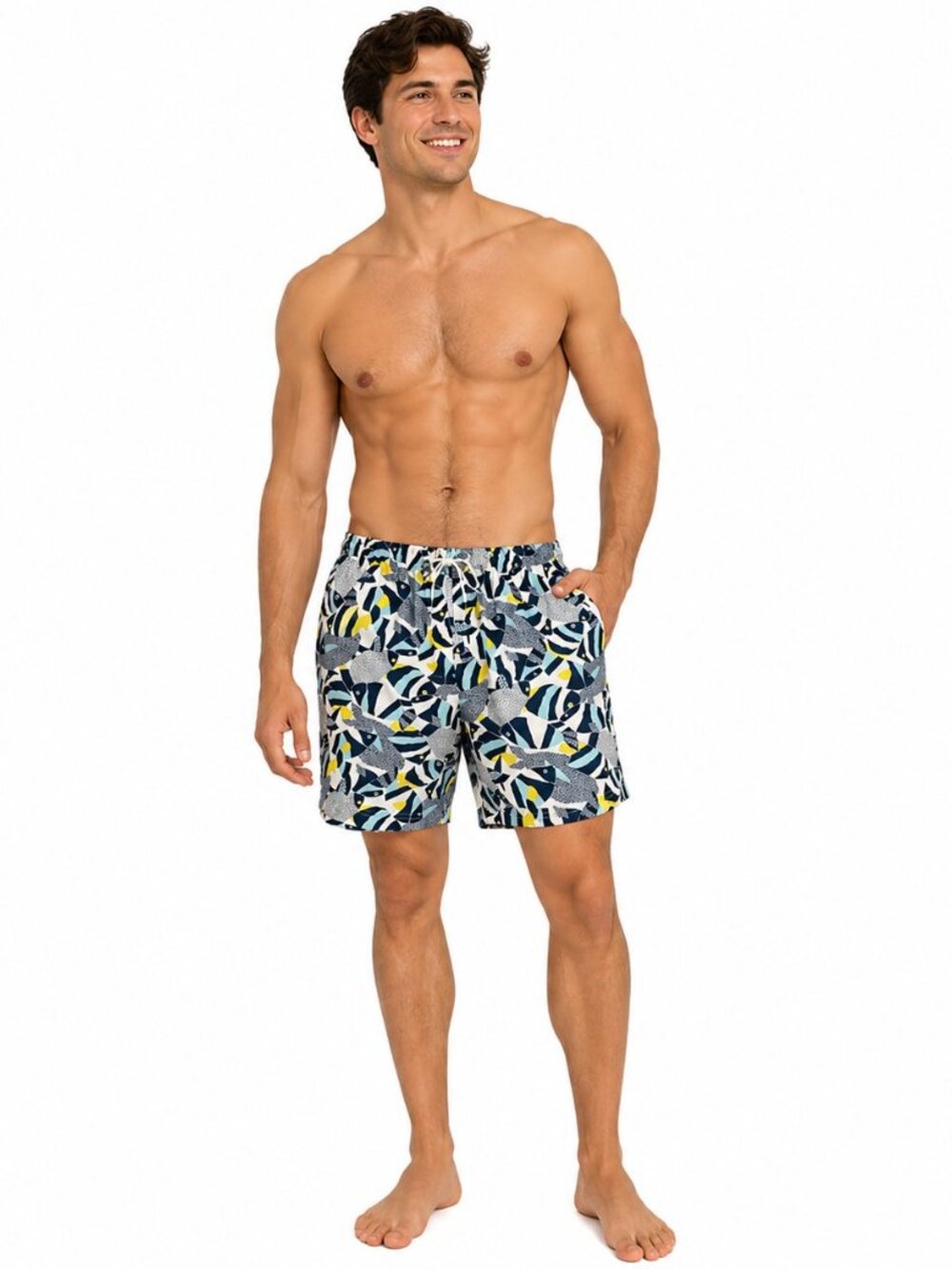 Lands End Mens Swim Shorts Size Medium 32-34 Brief Lined Fish Tropical Beach‎